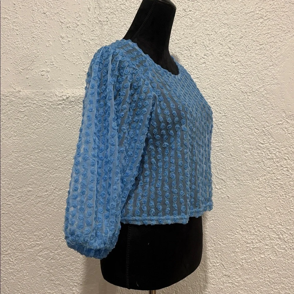 ZARA Sky Blue Textured Puff Sleeve Crop Top Cottagecore Romantic Boho Blouse M